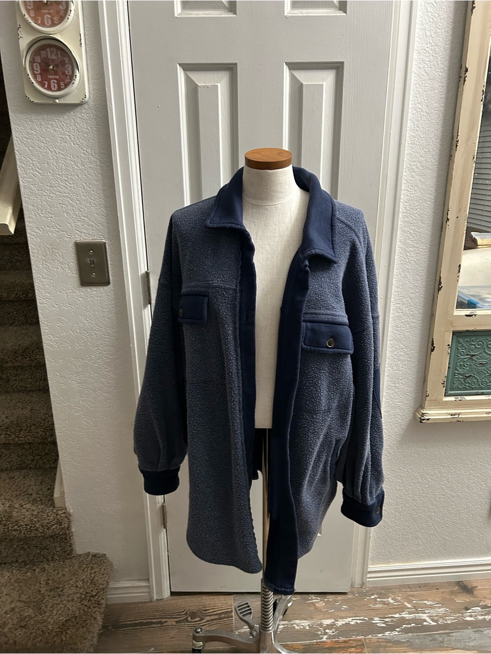 Free People Navy Teddy Sherpa Coat with Contrast Trim